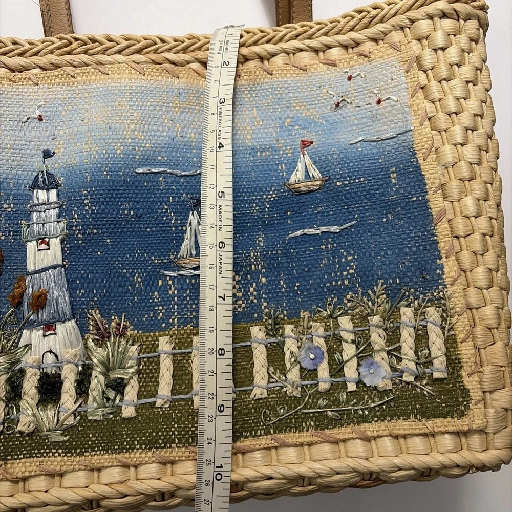 Cappelli Straworld Straw Handbag Lighthouse Sail Boat Purse Tote Bag/